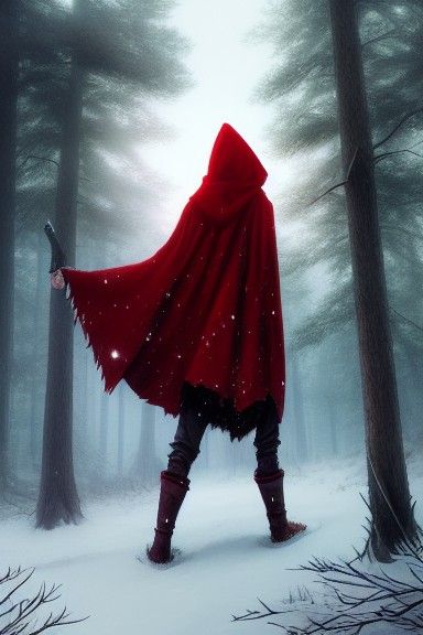 Red Cloak in Snow Forest Digital Illustration