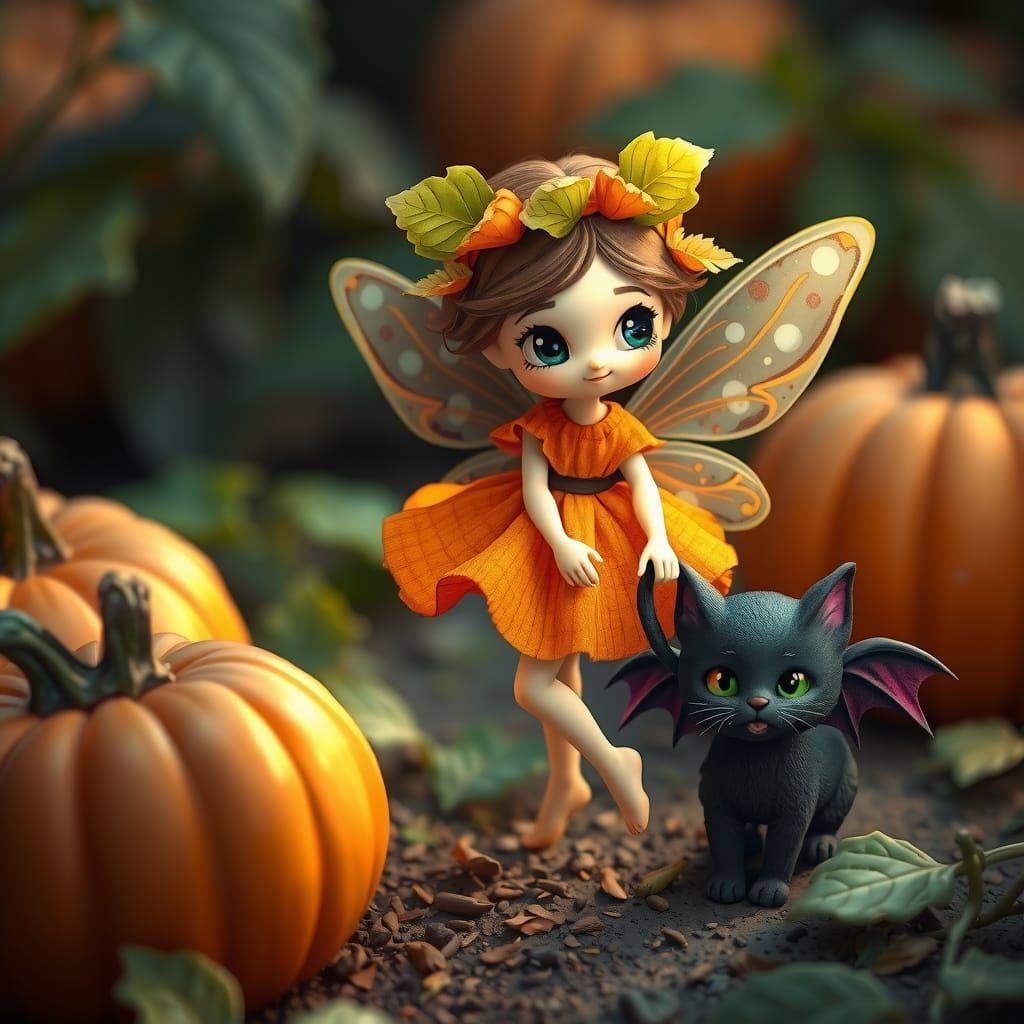 Pumpkin Fairy and Vampire Cat in Autumn Patch