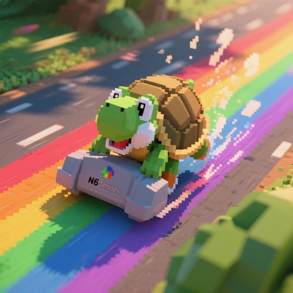 Yoshi Slides Rainbow Road on N64 Turtle Shell