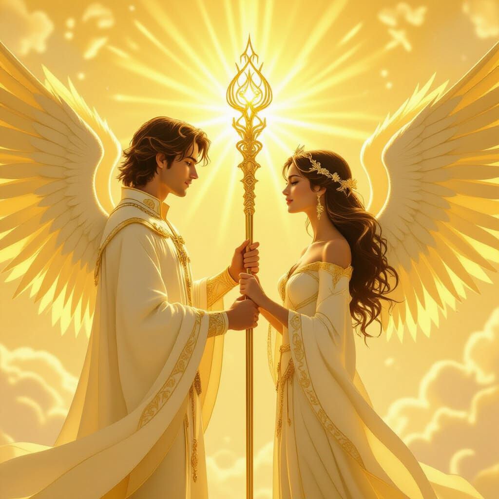 Angelic Beings with Sceptre in Ethereal Style