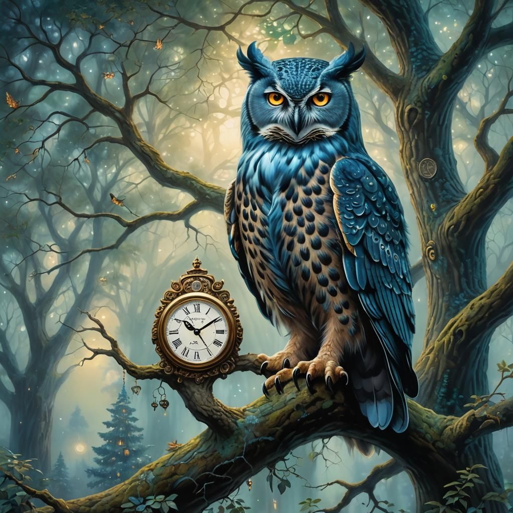 Surrealist Owl-Leopard King with Emerald and Stardust