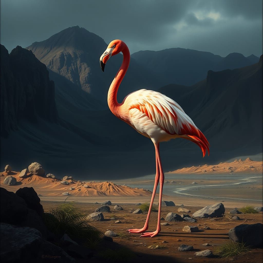 Vibrant Flamingo Arrives in Victorian Galapagos Landscape