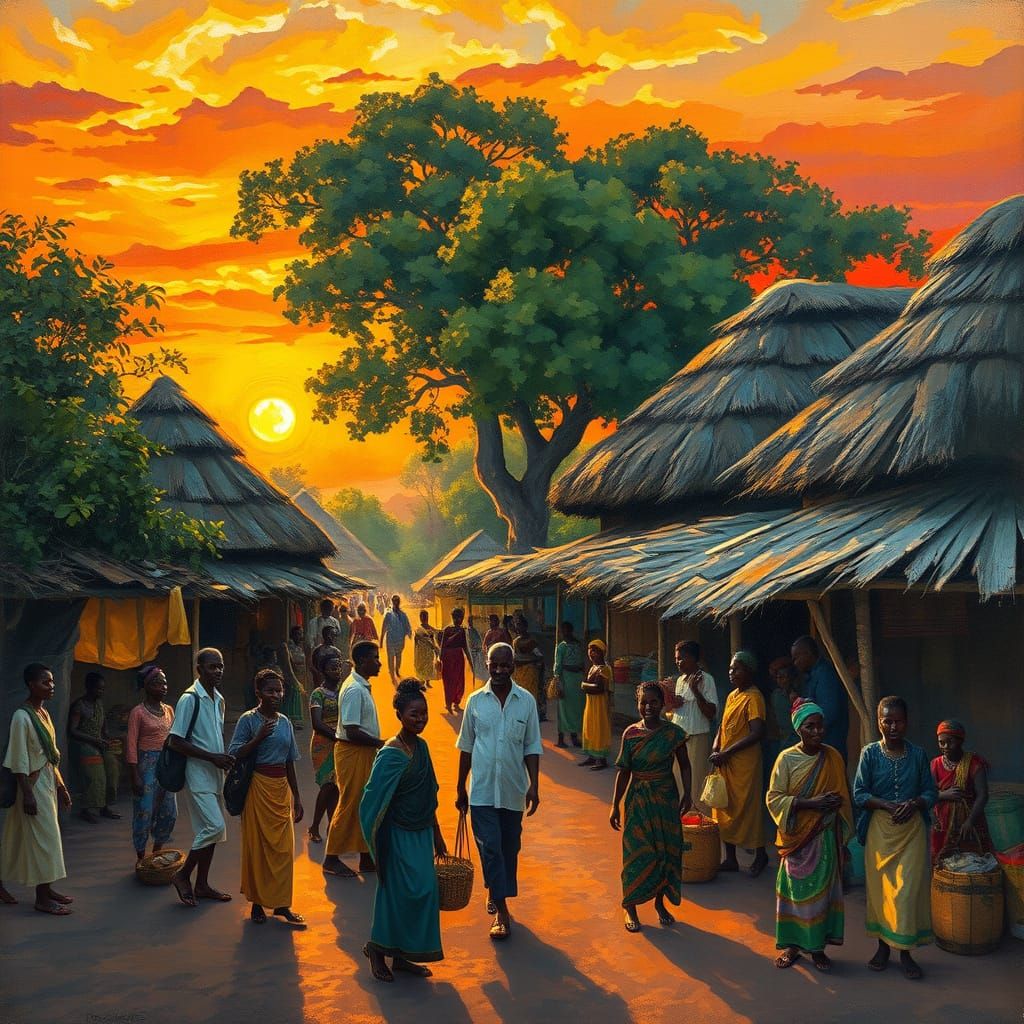Vibrant African Village Sunset in Gouache Style