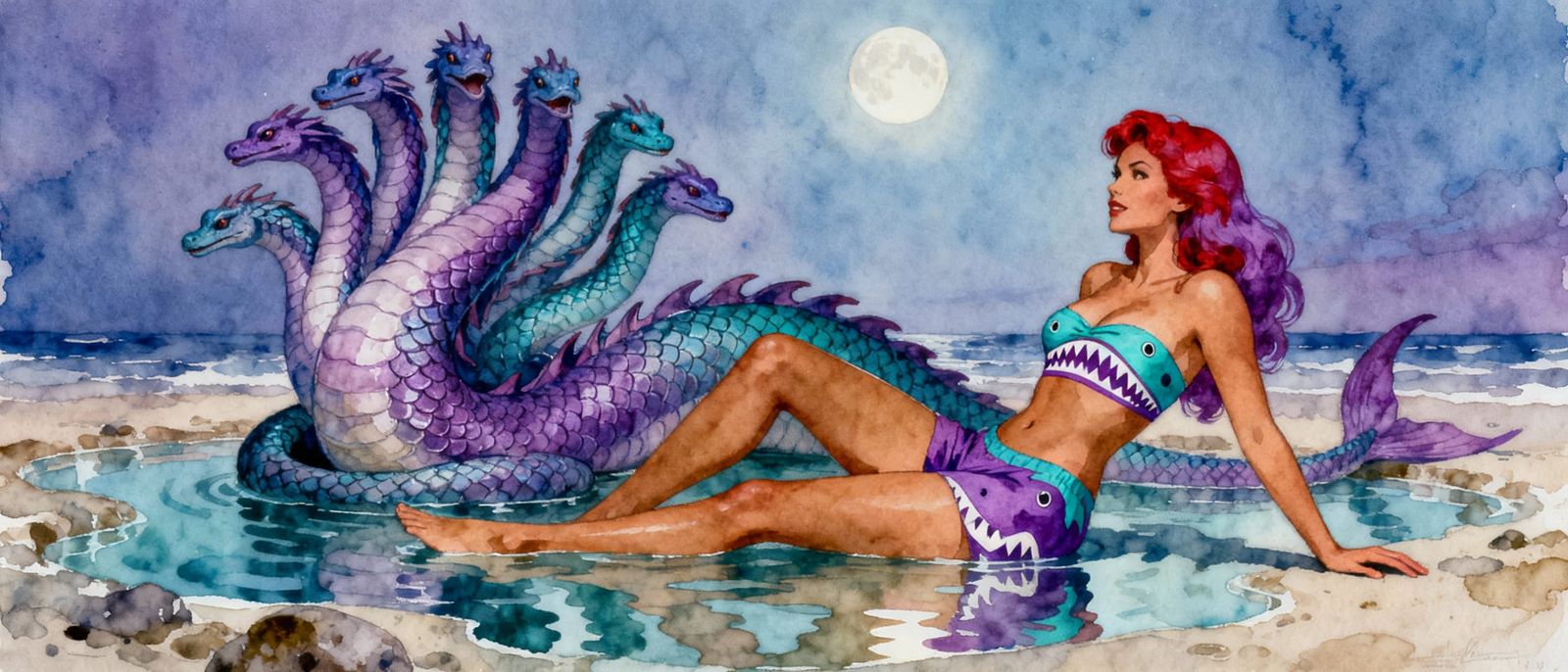 Pinup Woman and Hydra in Moonlit Tide-Pool