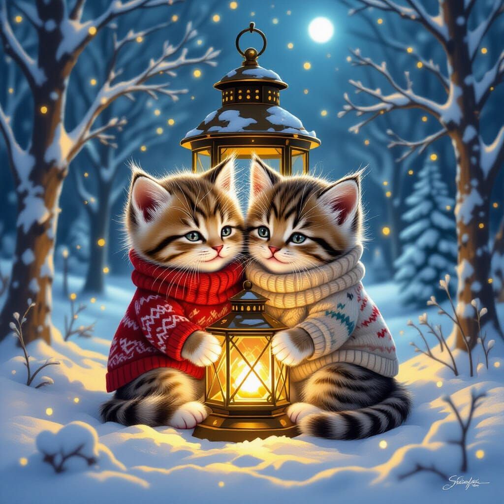 Kittens Snuggled in Lantern, Magical Winter Scene