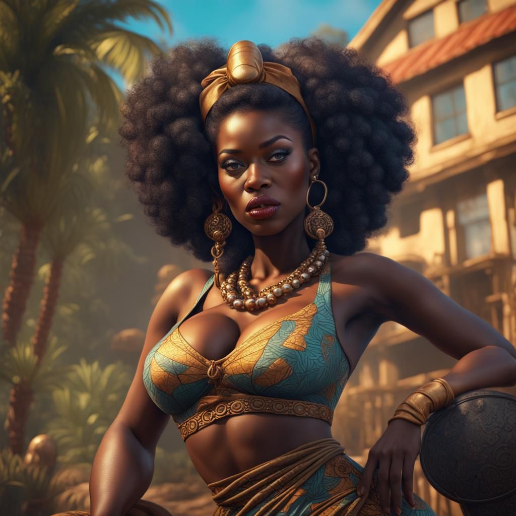 Hyperrealistic African Pinup Girl in Detailed Digital Painti...