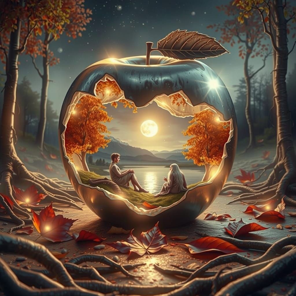 Glowing Landscape Inside Metallic Apple Sculpture