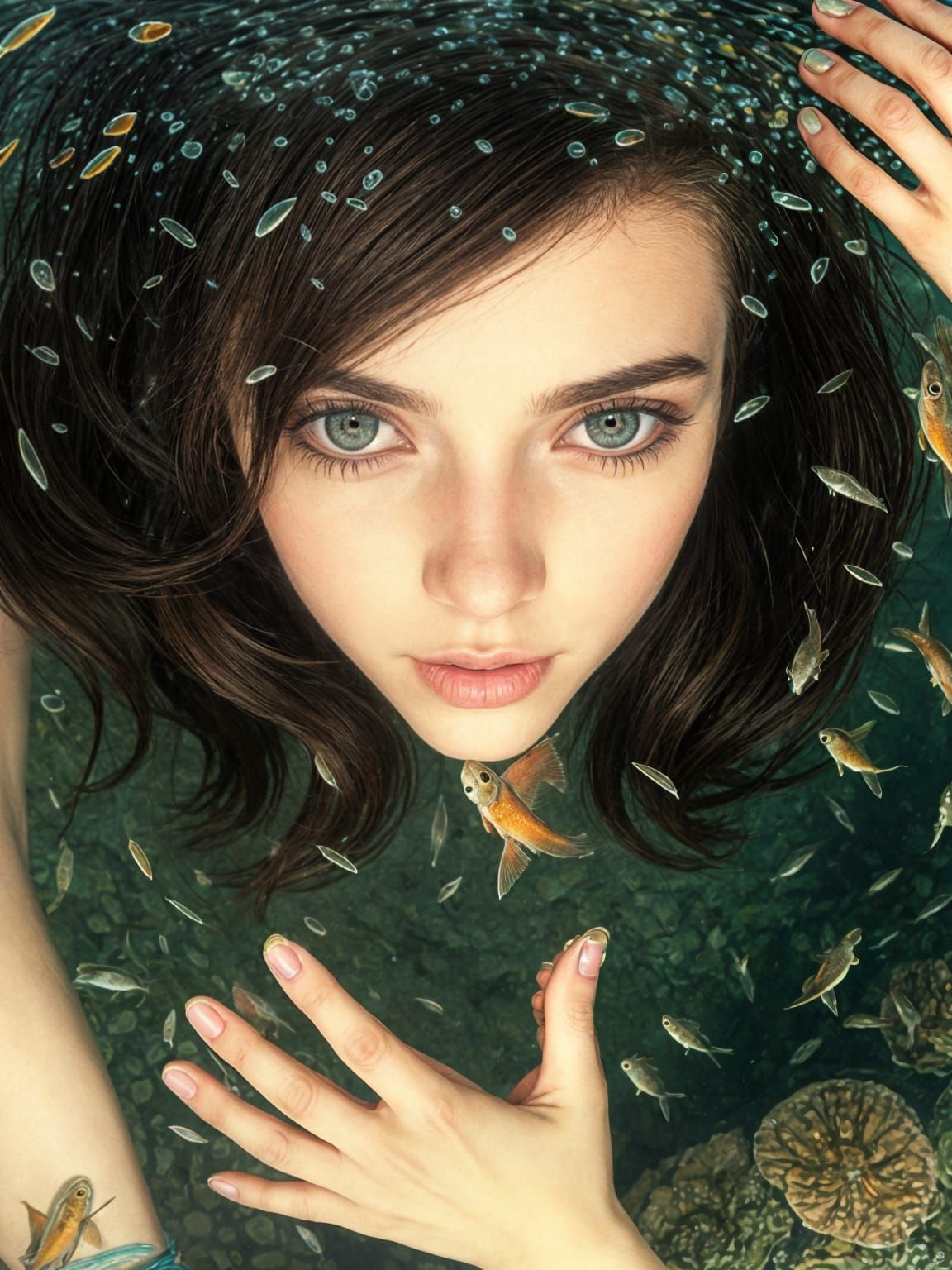 Pendleton Ward-Style Woman Surrounded by Glowing Fish in a S...