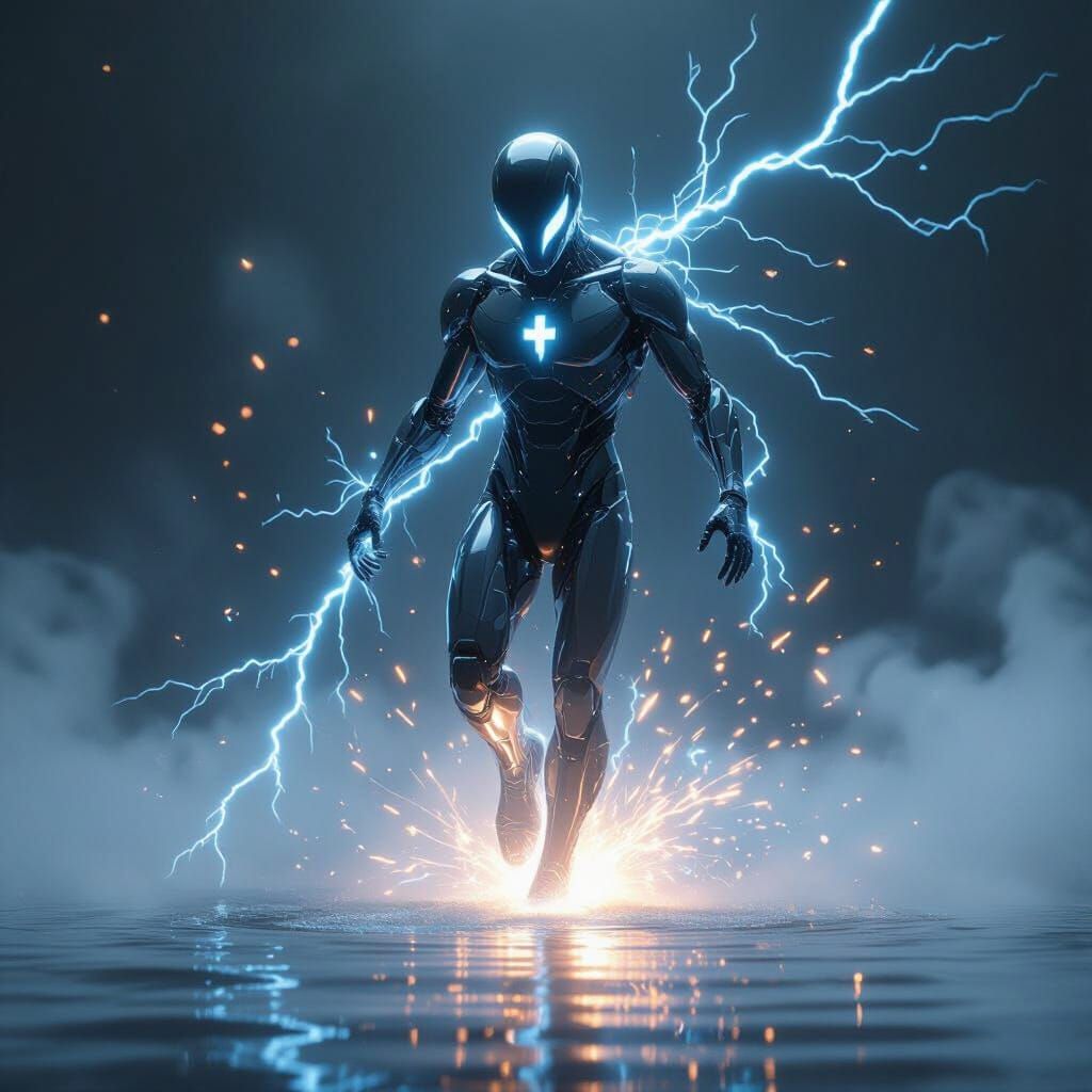 Electric Metallic Figure in Misty Futuristic Concept Art