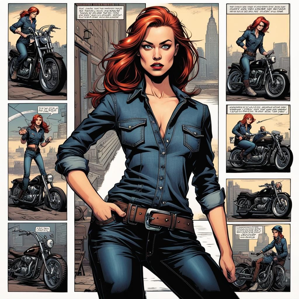 Redhead Woman Posing on Motorbikes in Comic Book Style