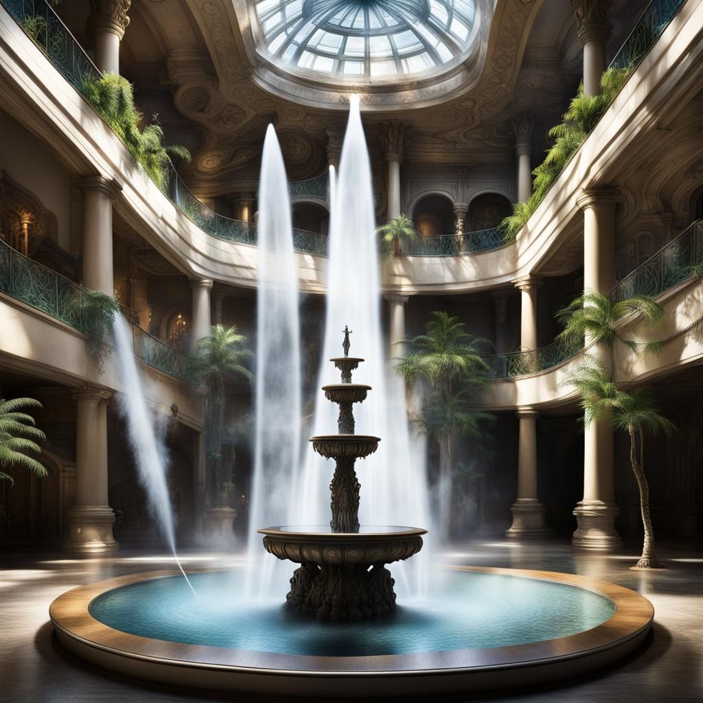 Three water fountains throwing jets of water upward in a fantasy atrium with lots of fantasy creatures running all aroun...