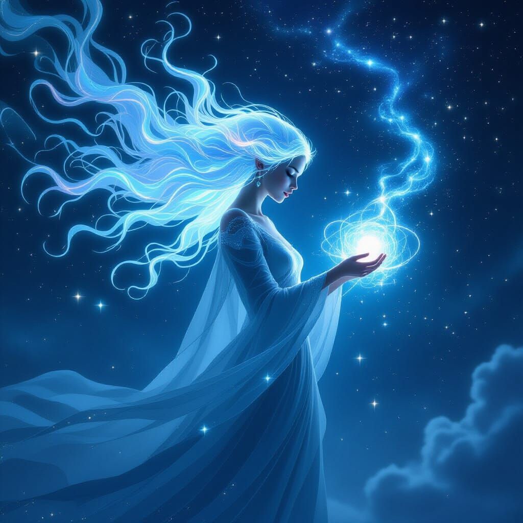 Ethereal Sorceress Weaving Light in Celestial Void