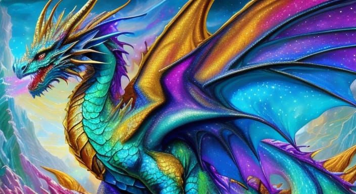 Majestic Dragon Emerges from Iridescent Waves in Vibrant Oil...