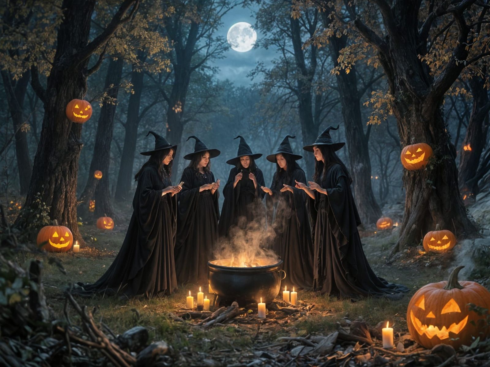 Witches Coven Gathers in Moonlit Autumn Forest