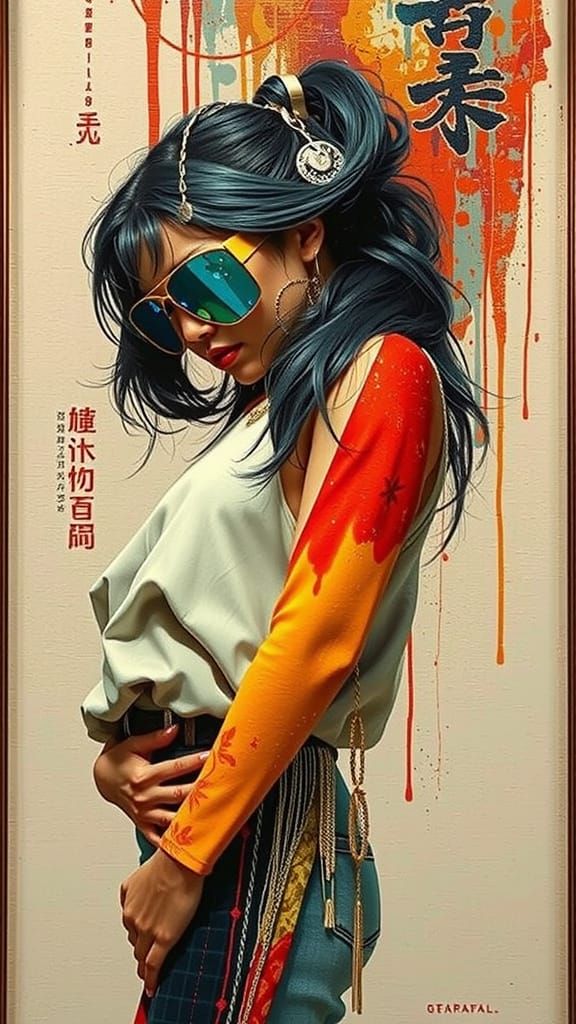 Stylish Young Japanese Woman in Dynamic Lighting Concept Art