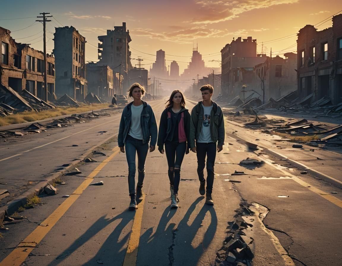 Three Children Walking on a Road at Dawn