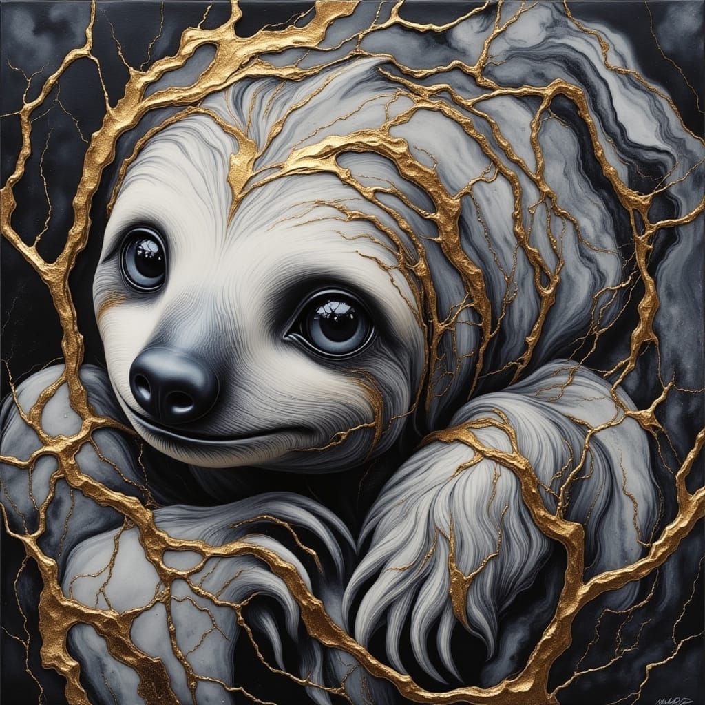 Surreal Sloth Portrait in Marble and Gold