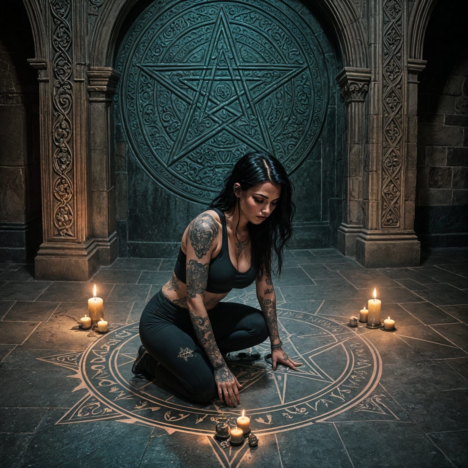Tattooed Goth Girl Kneeling Before Pentagram
