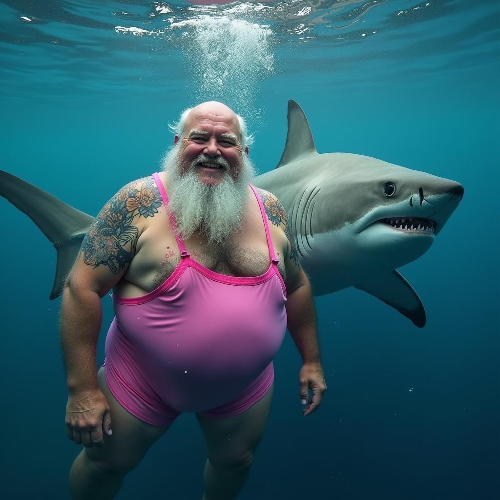 Smiling Grandfather Diving with Sharks: Photorealistic Under...