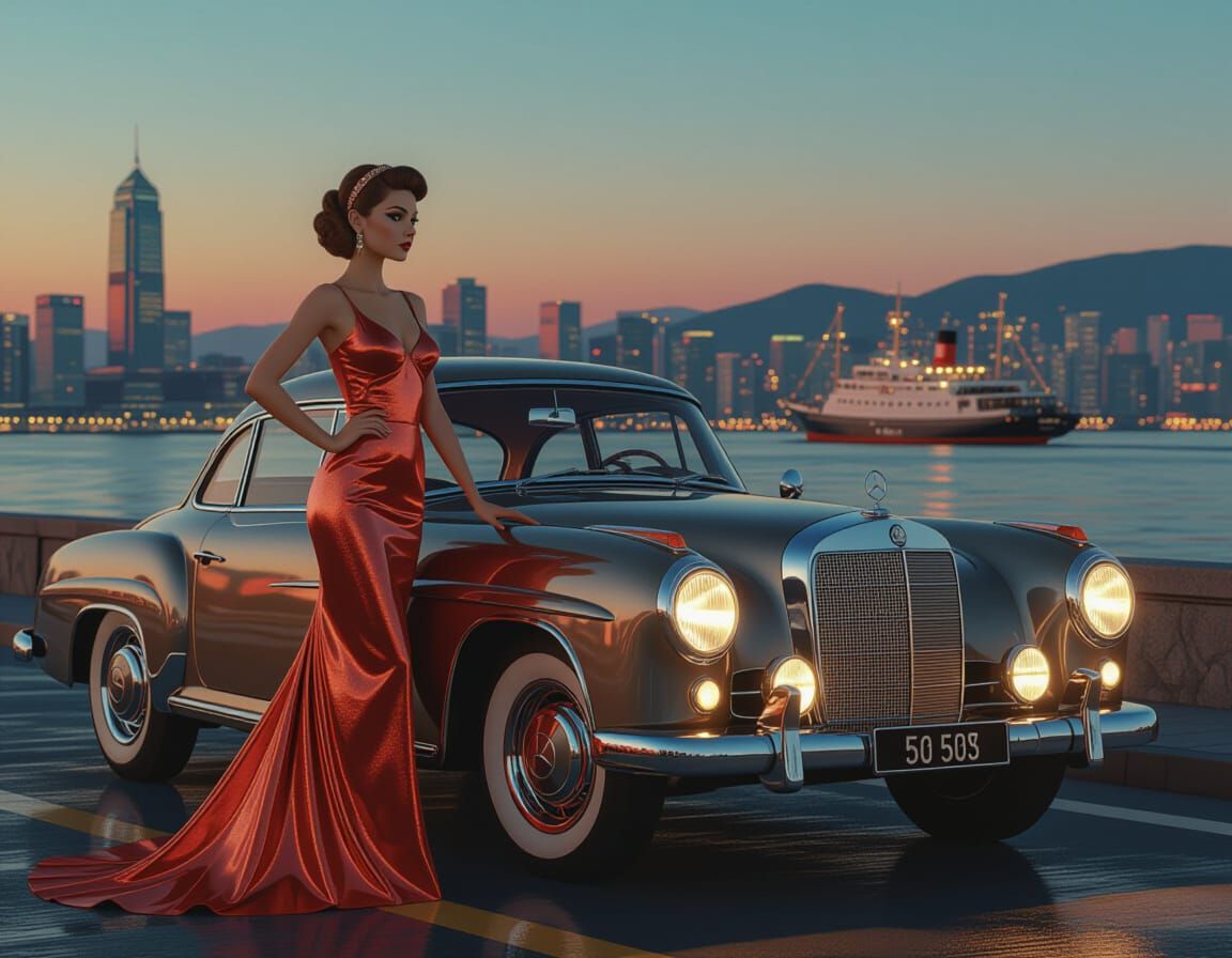 Retro Brass Girl Beside Classic Mercedes-Benz