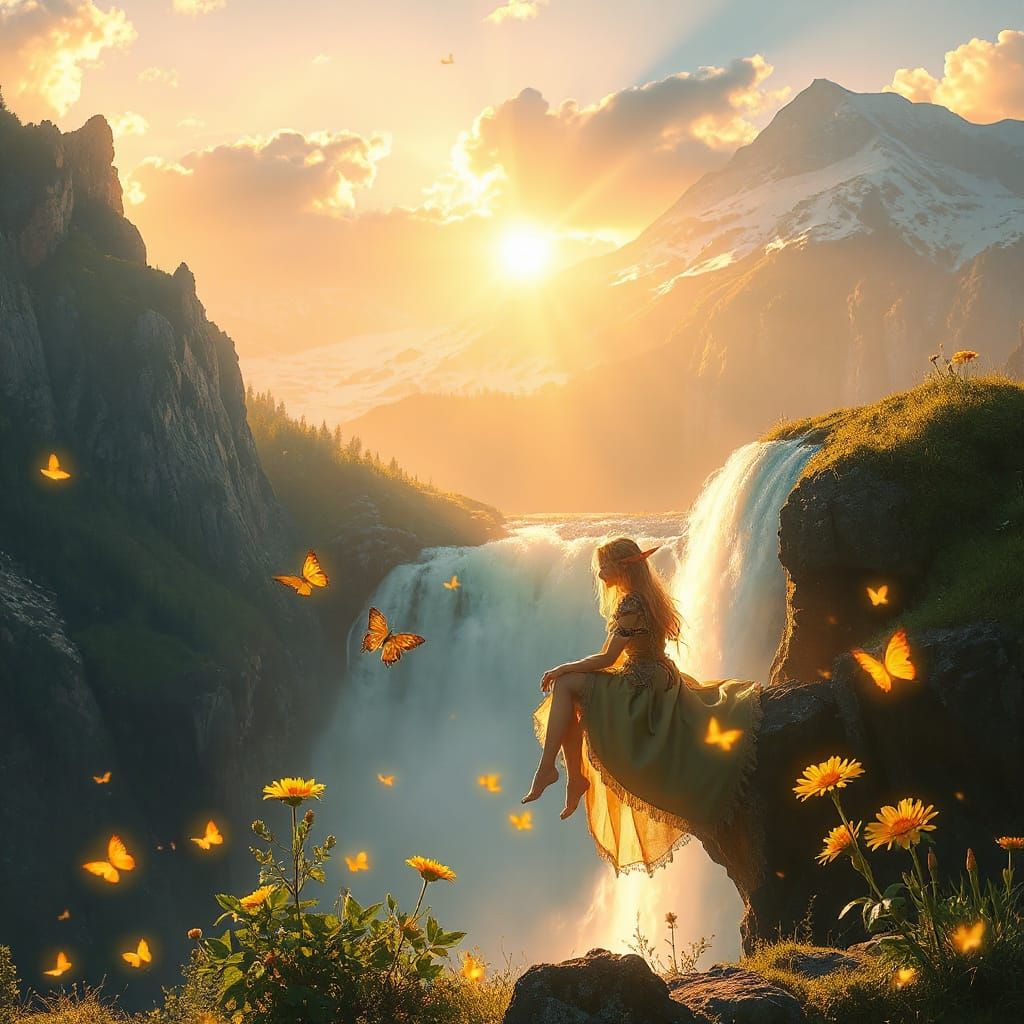 Ethereal Elf Ranger at Waterfall, Art Nouveau Style