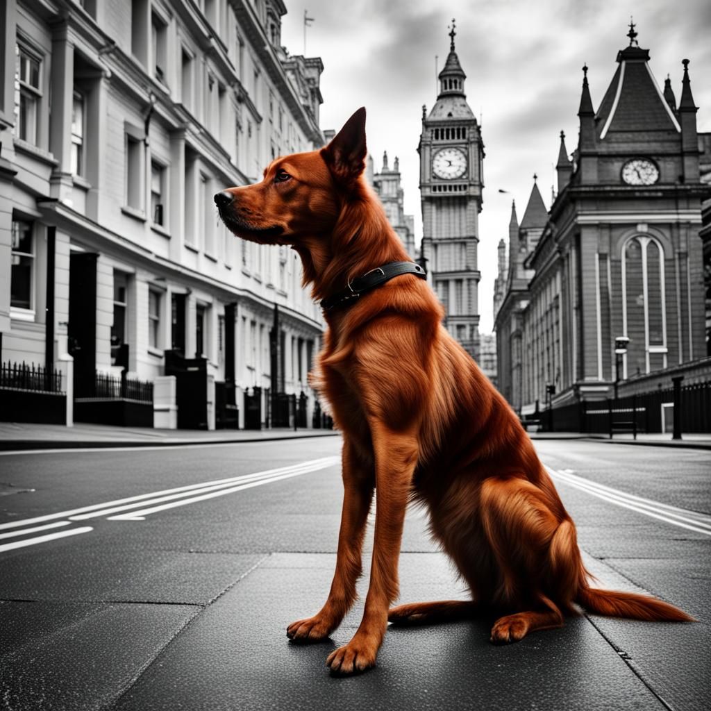 Red Dog in Black and White London Streetscape