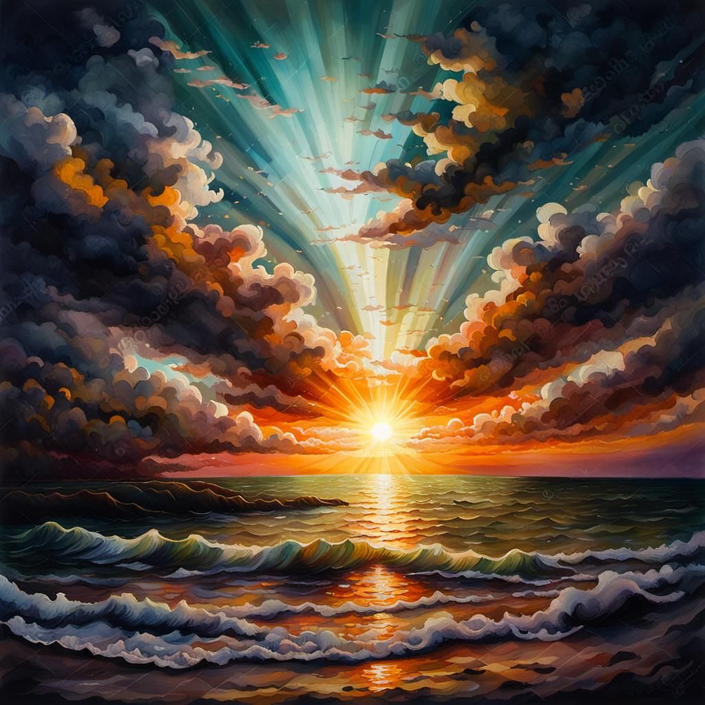 Iridescent Sunset Painting in Gouache Style
