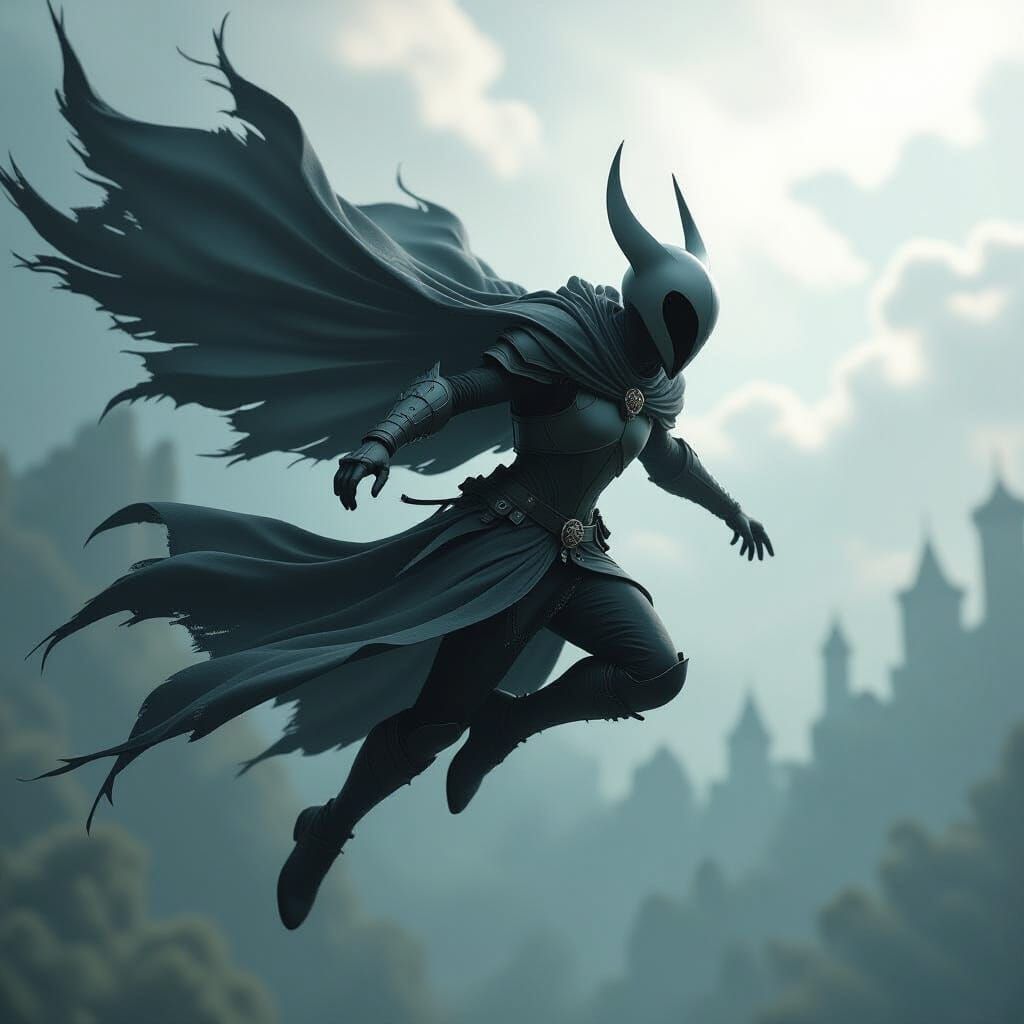 Hollow Knight Warrior Soaring in Dramatic Flight