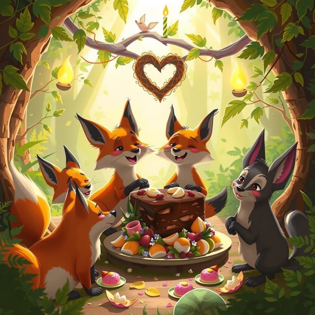 Joyful Fox Family Celebrates Birthday in Lush Forest Clearin...
