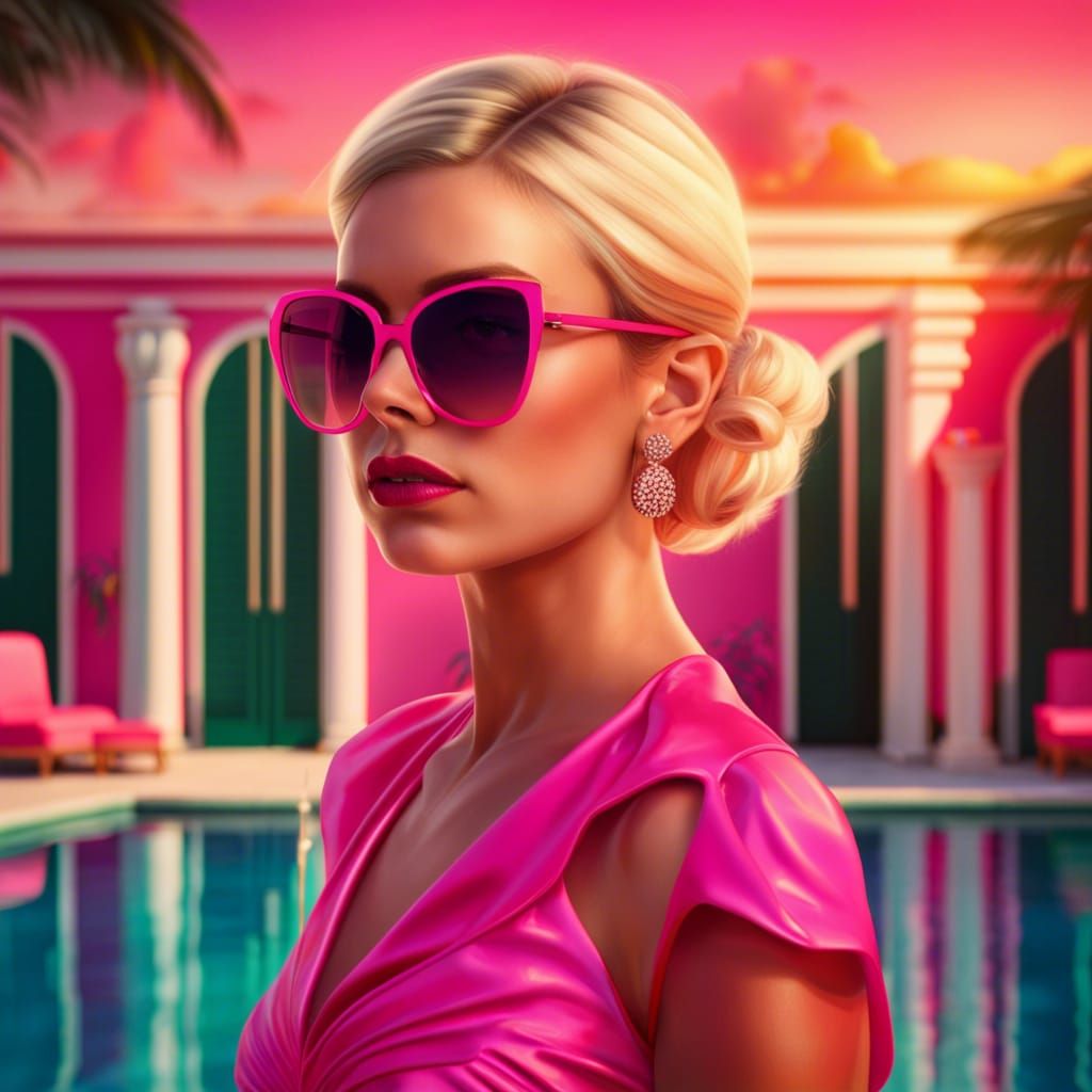 Blonde Woman in Pink Dress at Miami Villa