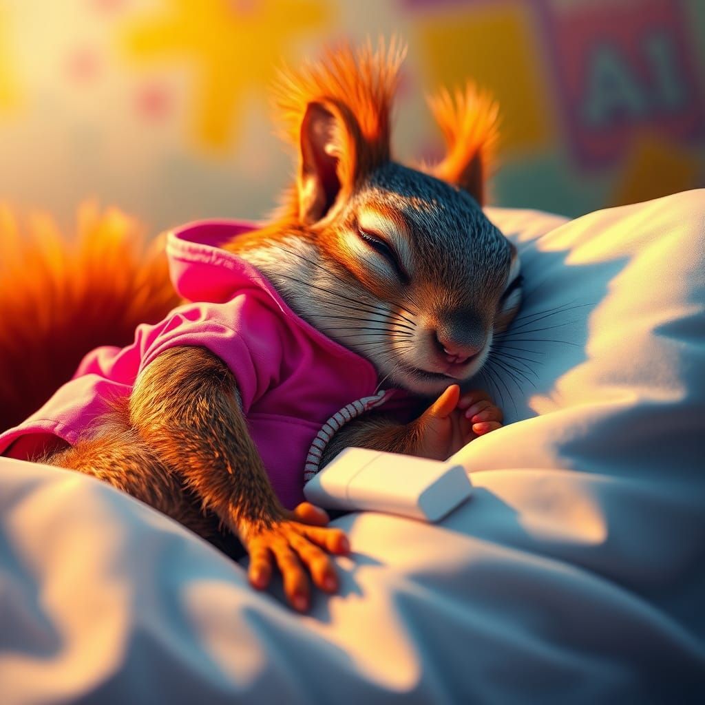 Squirrel in Pink Outfit on Hospital Bed
