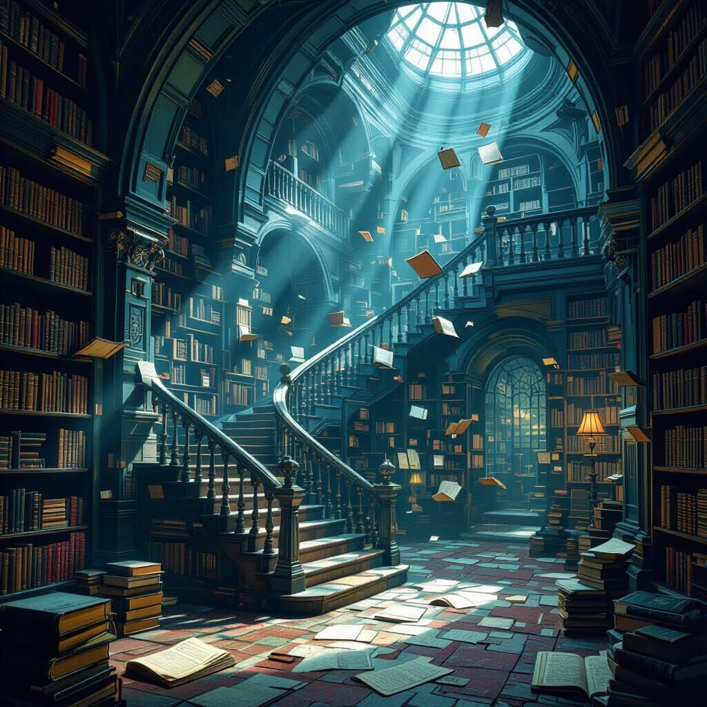 Surreal Library with Impossible Architecture in Ethereal Lig...
