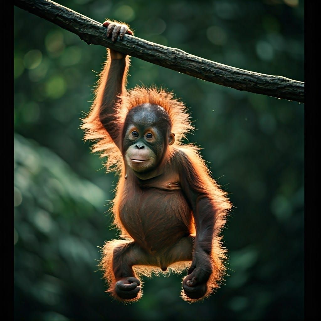 Baby Orangutan in Jungle Sunlight: Cinematic Film Still