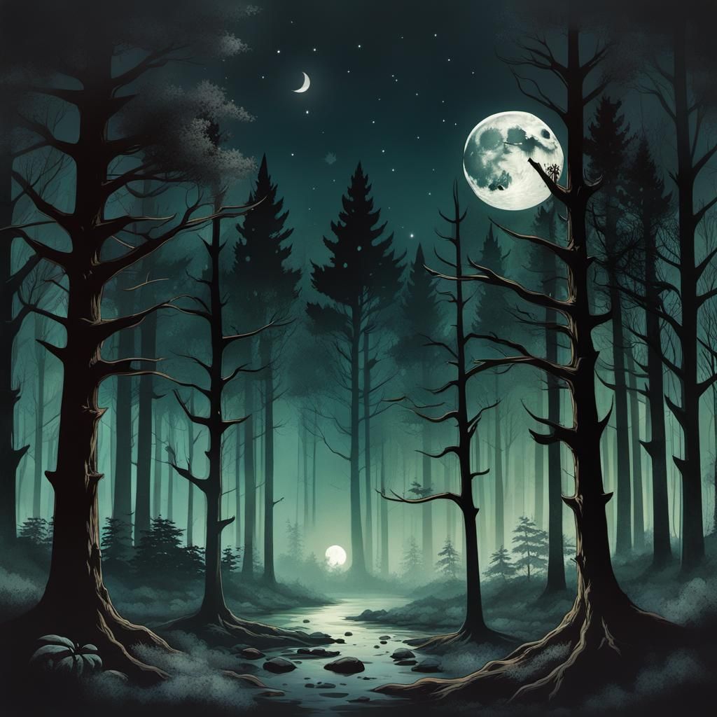 Spooky Midnight Forest Under the Moon