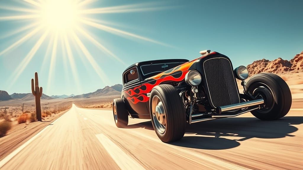 Black Hot Rod with Red Flames Speeds Down Desert Road