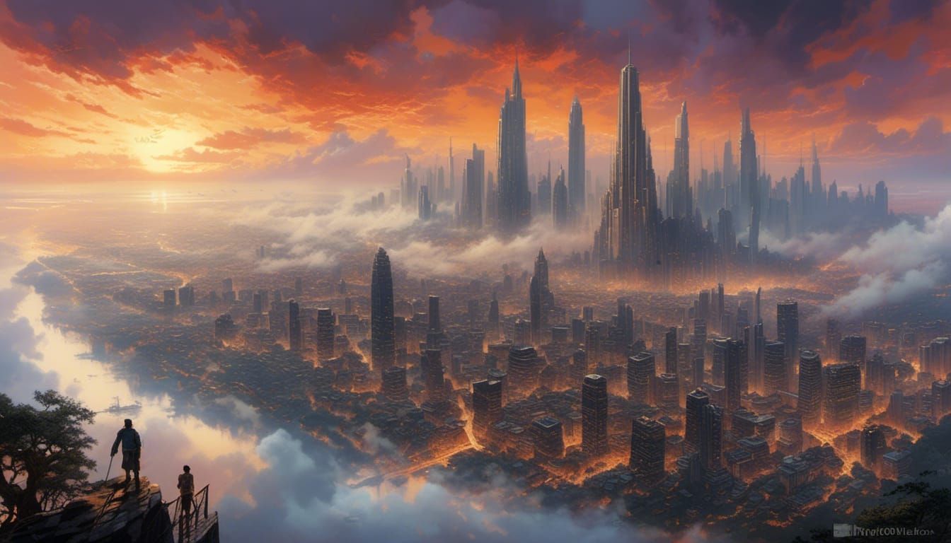 Dramatic Cityscape Silhouette in Watercolor Style