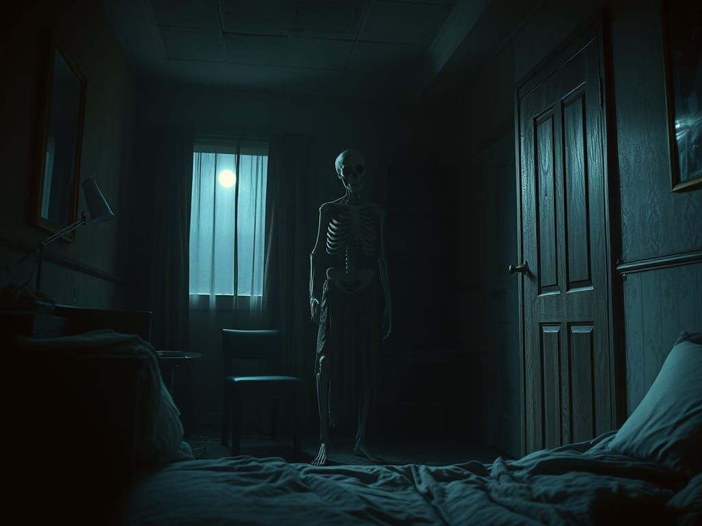 Eerie Skeletal Figure in Dimly Lit Hotel Room