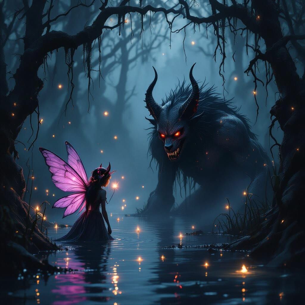 Mystical Swamp at Night with Fairies and Creature