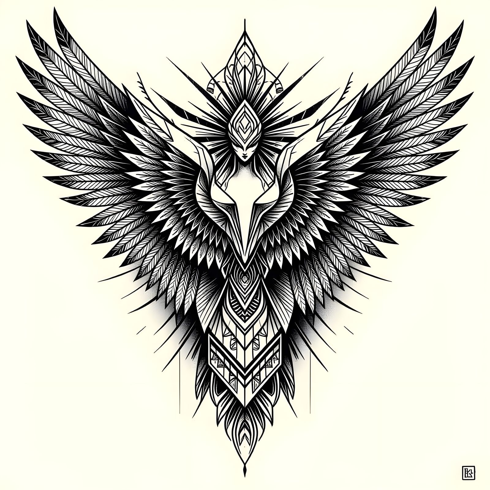 Geometric Tribal Angel Wings in Grayscale