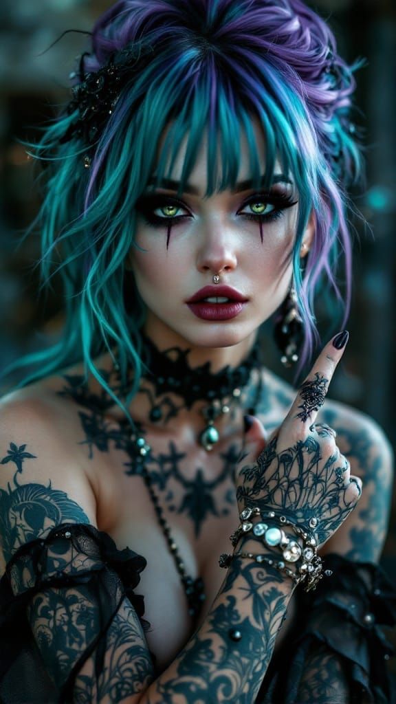 Gothic Goddess with Teal and Lavender Hair