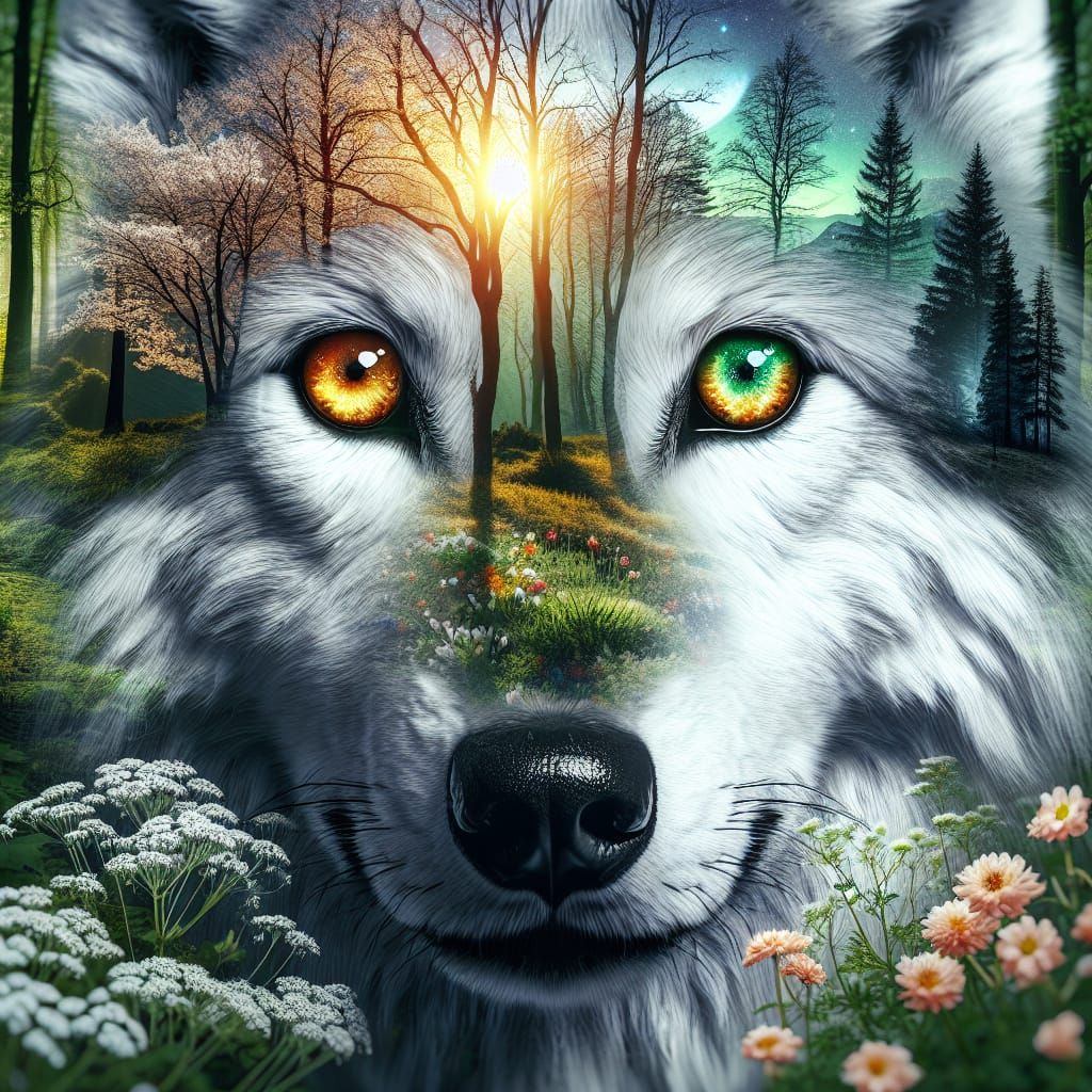 Wolf Double Exposure with Prismatic Eyes in Spring Forest