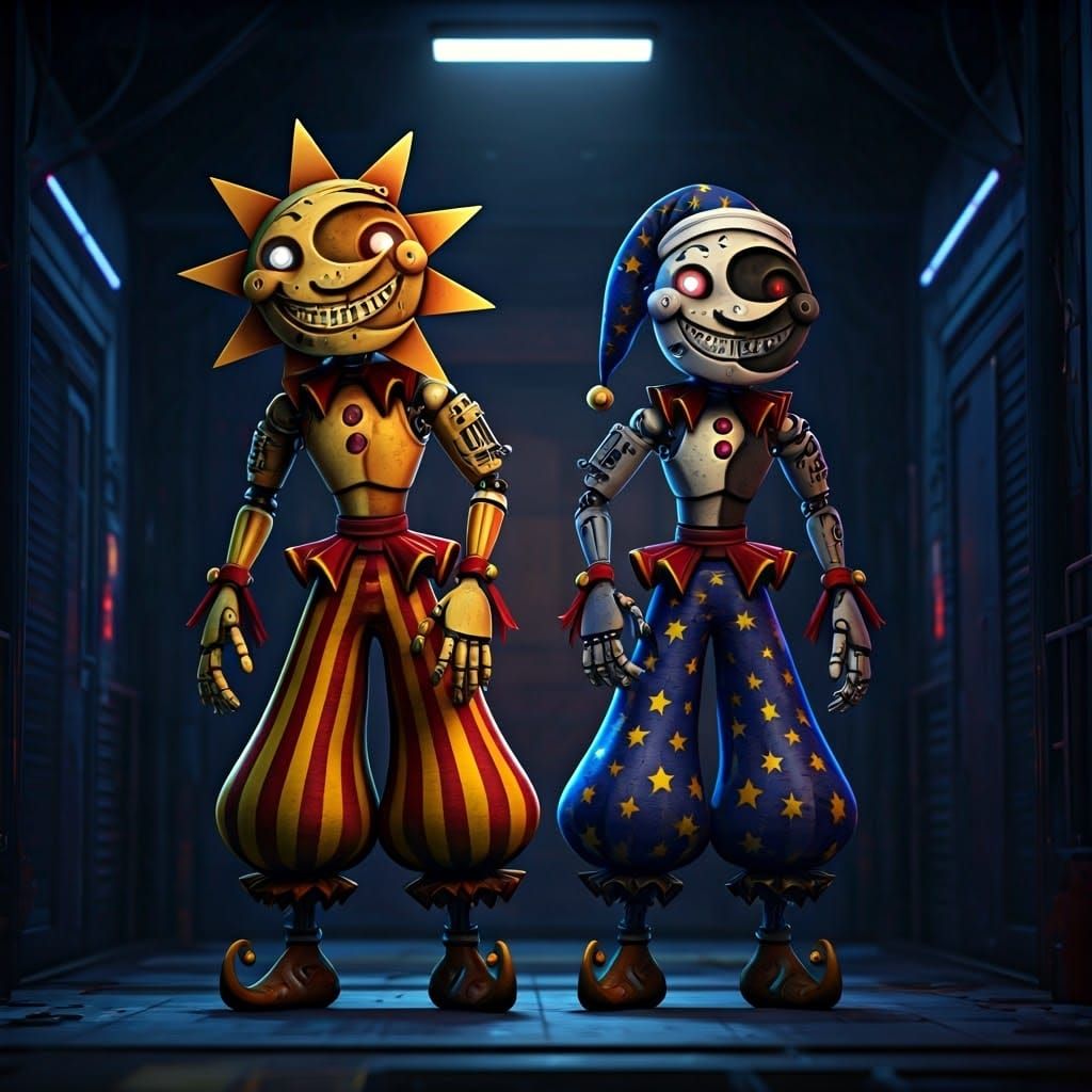 Sundrop and Moondrop Animatronics in Futuristic Setting