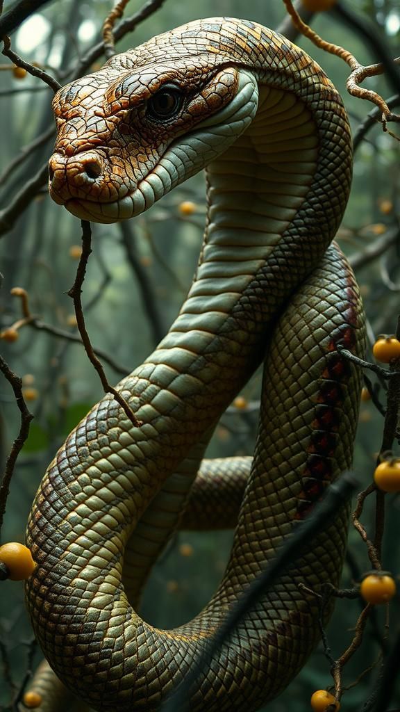 Snake-Human Hybrid in Mycelium Network, Fashion Magazine Art