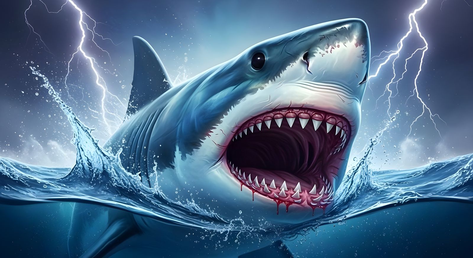 Great White Shark Breaching in Stylized Chaos