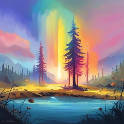 Rainbow Over Serene Lake in Hyperdetailed Digital Art