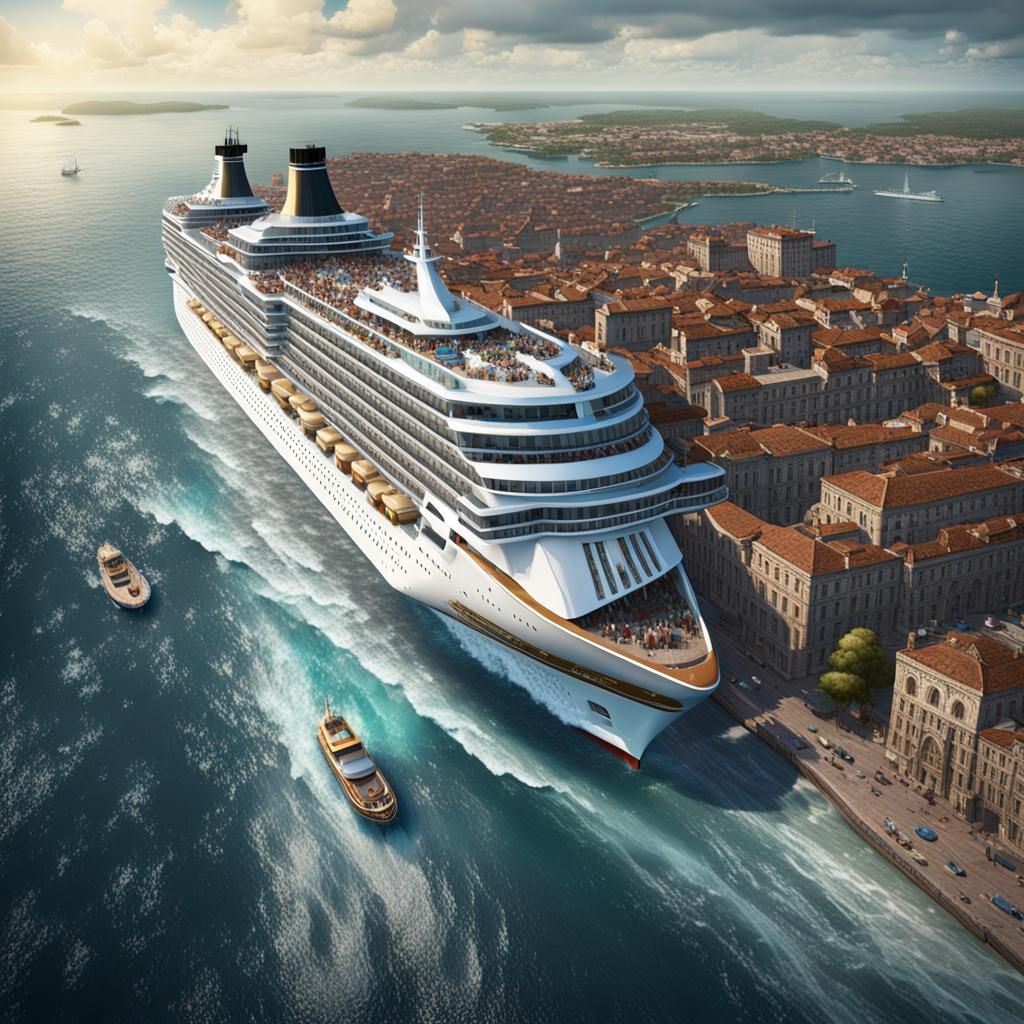 Aerial view of a cruise ship on the high seas un venice, the...