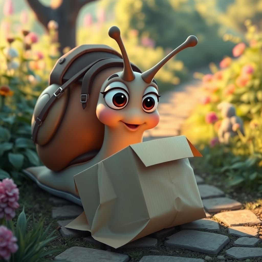 Giant Cartoon Snail Investigates Fallen Box