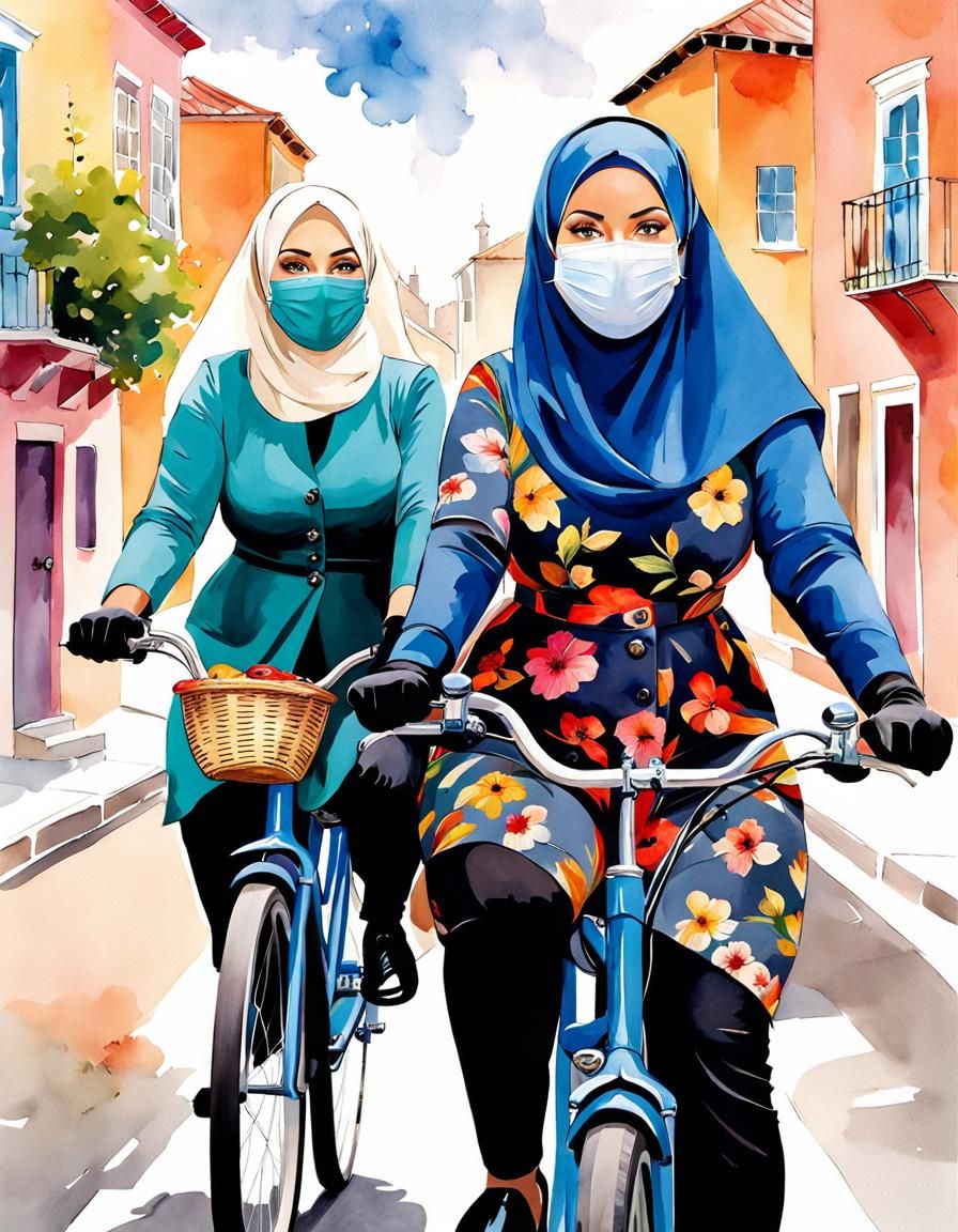 Two Women in Hijab Bicycle Ride Watercolor Portrait