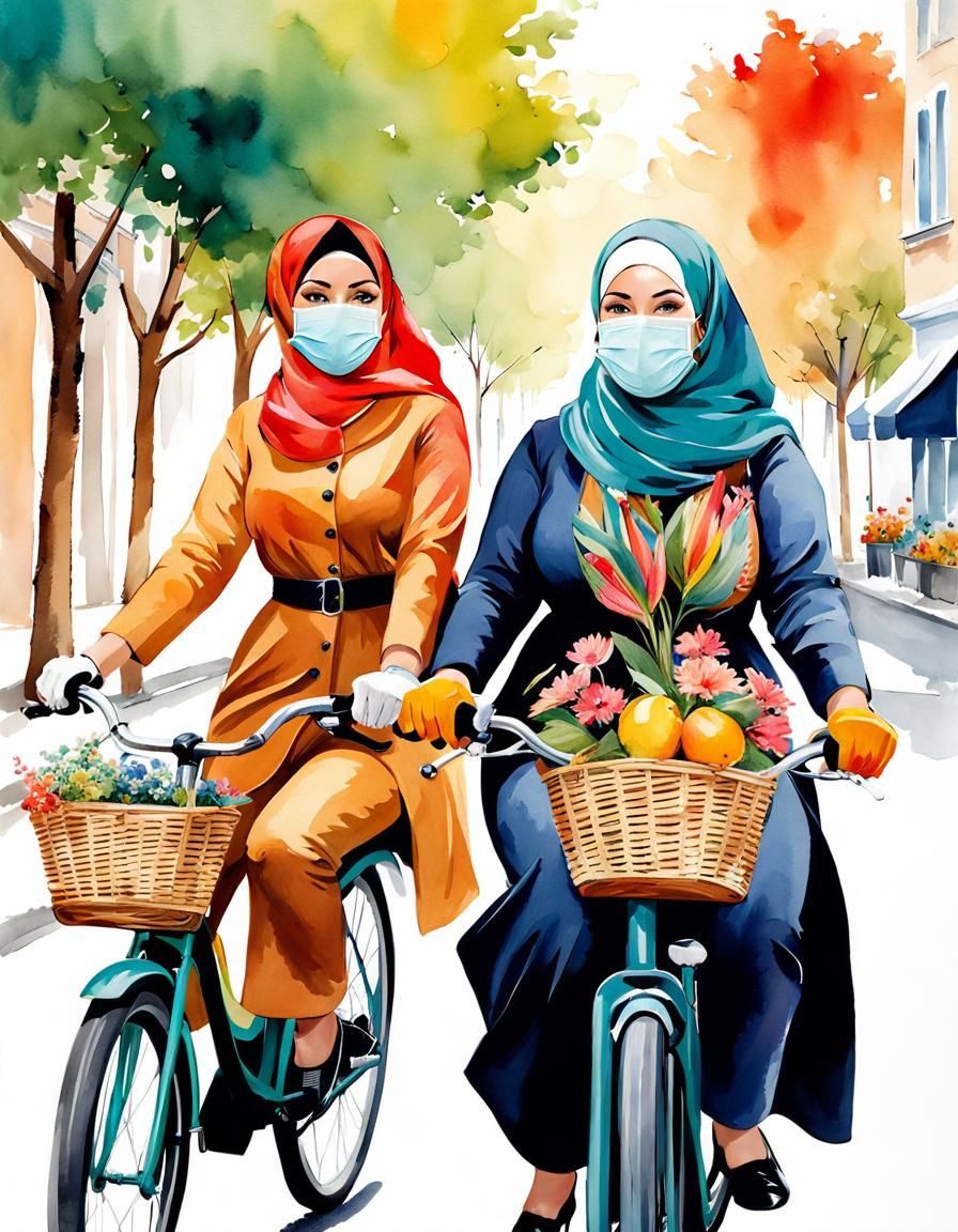 Two Women in Hijab Cycling, Watercolor Style