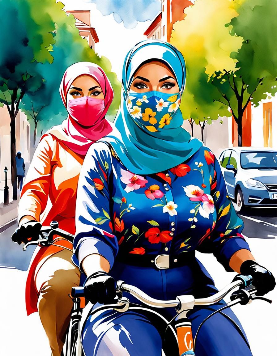 Two Women in Hijab Bicycle Ride: Watercolor Portrait